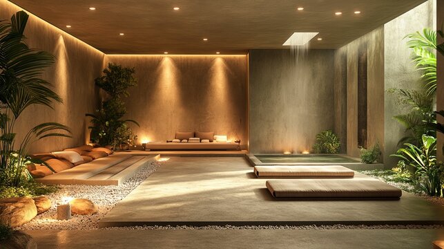 Luxurious indoor spa retreat with cascading waterfall.