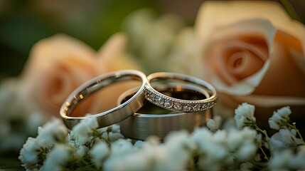 Close-up view of delicate wedding bands atop flower petals.