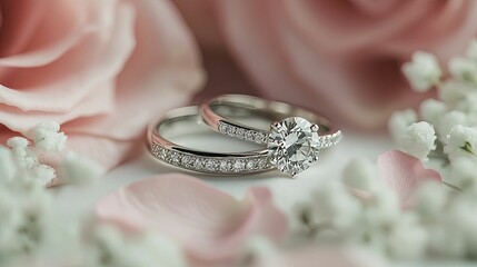 Delicate diamond rings nestled amongst soft pink roses.