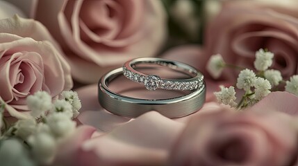Delicate wedding rings surrounded by soft pink roses.