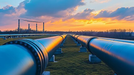 Industrial pipelines stretch across a landscape at sunset.