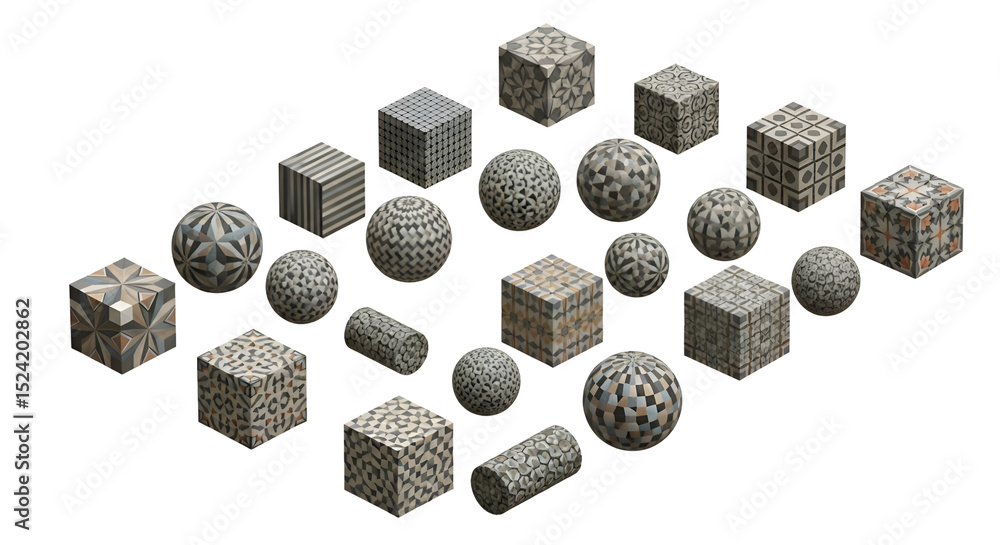 Poster geometric shapes with transparent backgrounds, cubes and spheres with intricate patterns, digital ar