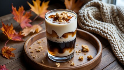 Layered Caramel Drink with Crumbles and Autumn Leaves Background Scene