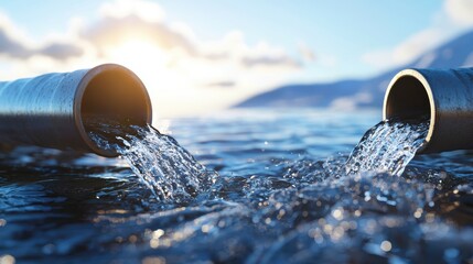 Pollution Factory pipes discharging wastewater into a river, affecting the environment.
