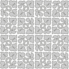 Gray ornate leaves on white background. Medieval plant square embroidery ornament. Monochrome leaves vector illustration. Antique style seamless pattern. Vintage floral design element