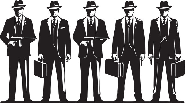 Silhouetted mobsters standing confidently in group wearing suits and hats holding weapons and briefcases in vector illustration.