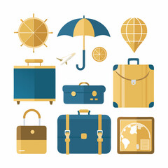 Flat world travel elements in navy and gold 