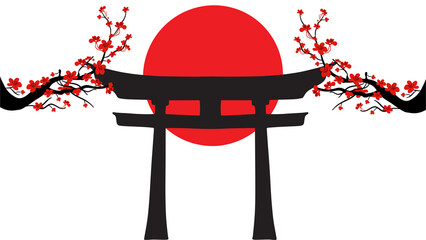 torii gates red with semicircle red and Cherry blossom on white background.