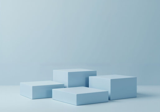 Product display cubes showcase merchandise Minimalist design conveys sleekness in studio arrangement