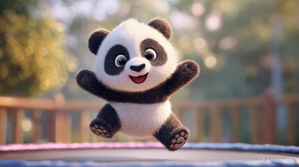 Adorable Happy Baby Panda Bear Jumping on a Trampoline Outdoors