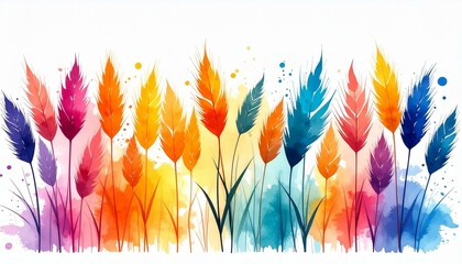 A vibrant watercolor painting depicts a row of stylized wheat stalks in a spectrum of rainbow colors, set against a backdrop of colorful watercolor washes and splatters.  The artwork evokes a feeling