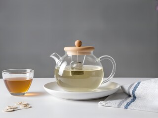Fototapeta premium A glass teapot sitting on top of a wooden stand next to two glasses.