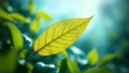 Naklejka premium A Single Illuminated Leaf, Backlit by Sunlight, Displays Intricate Veins and Vibrant Green Hues Against a Soft, Blurred Background of Lush Foliage