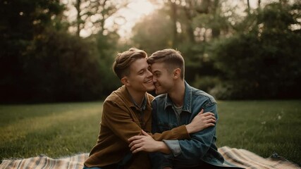 A loving gay couple sharing a tender moment outdoors in a scenic, sunlit park setting. - Powered by Adobe