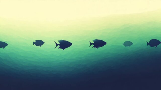 Abstract Underwater World with Fish Silhouettes in Gradient Sea Background Scene