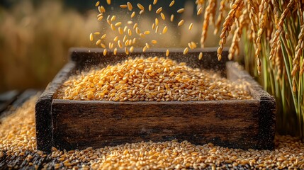 Falling grains filling a rustic wooden box