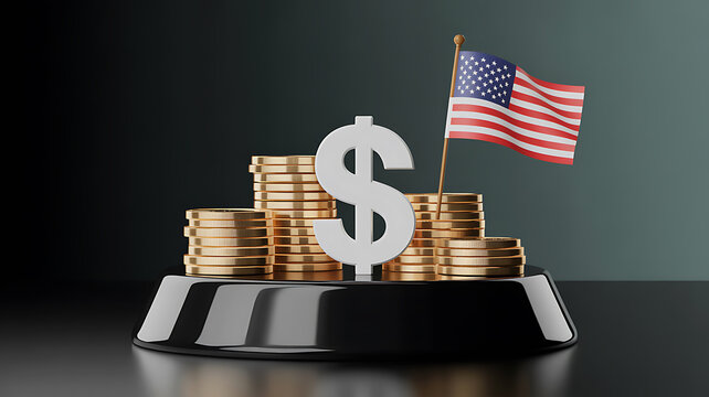3d rendering of dollar sign, gold coins, and american flag representing us economy