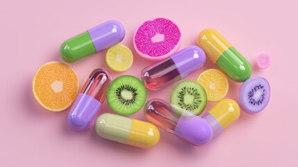 Artistic Layout of Fruit-Flavored Supplements on Colorful Backdrop