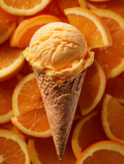 Orange ice cream in a cone, surrounded by oranges slices
