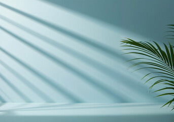 Botanical palm frond stands against light blue backdrop casting linear shadows creating a serene minimal scene