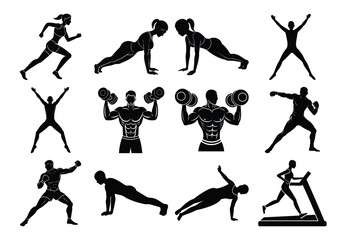Dynamic vector silhouettes of people dancing and jumping, showcasing fitness and fun in black outline illustrations