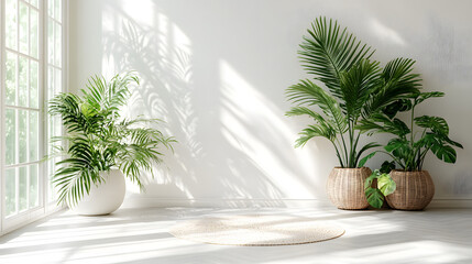 Fototapeta premium Bright White Room with Green Potted Plants