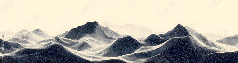 Poster gritty stippled pattern with abstract undulating rocky mountain background. grainy overlayed monochr