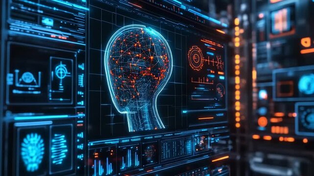 Futuristic digital interface showcasing a human brain with data connections and analytics - Powered by Adobe