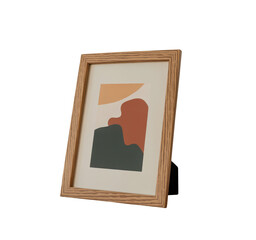 Realistic wooden photo frame with abstract art print standing upright with angled shadow on clean white wall, Isolated Transparent Background