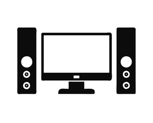 Simple black and white icon of a computer with two speakers