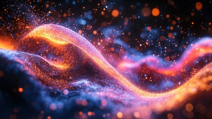 Fototapeta premium Glowing particles flowing, dark background, abstract design, digital art