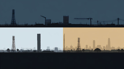 Fototapeta premium Minimalist Cityscape Art Four Distinct Buildings Urban Scene Simple Design Modern Architecture Geometric Shapes Serene City View Contemporary Artwork 