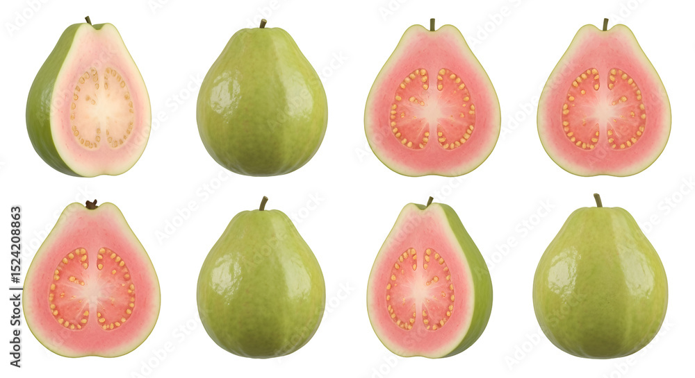 Poster guavas: sliced and whole fruits with transparent background