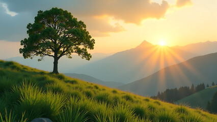 lone tree stands tall amidst lush green meadows bathed warm golden light sun dips mountain range summer