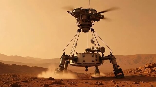 A robotic lander with rotor blades is descending onto the dusty surface of Mars, surrounded by rocky terrain and a reddish sky.