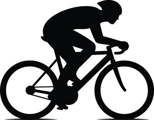 A silhouette of a cyclist riding a bicycle with a helmet and bent posture in a side view image