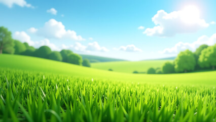 Obraz premium lush carpet vibrant green grass stretches across serene landscape fading gently soft focus clear blue sky warm sunny