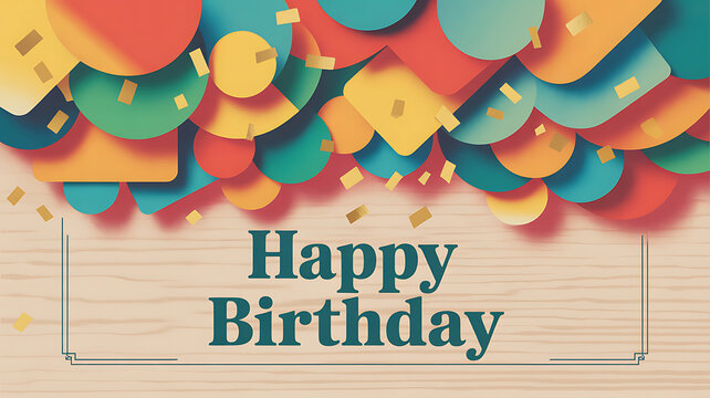 Colorful abstract happy birthday card with geometric shapes and gold confetti design - Powered by Adobe