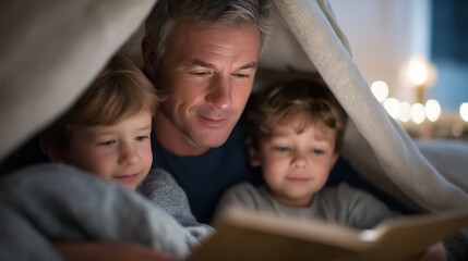 Obraz premium A fun bedtime story session with happy twins and their dad