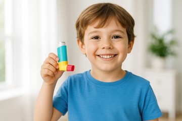 Young boy happily holding an inhaler while smiling in a bright indoor setting, promoting awareness of allergies and asthma management