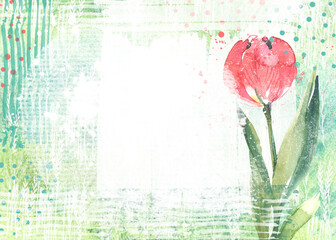 A beautiful watercolor tulip on a textured elegant background. Modern design for invitations, posters. Holiday banner, gift card for a woman, mom
