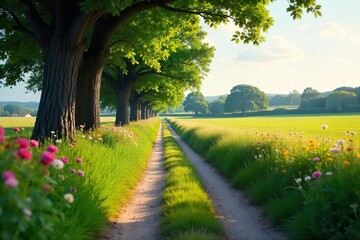 Obraz premium A picturesque country lane, perfect for a romantic stroll, lined with lush greenery and wildflowers Ideal for travel, romance, and nature-themed projects , greenery, road
