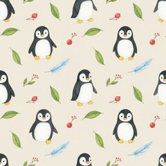 Obraz premium Watercolor penguins with berries and leaves create a seamless, winter pattern on beige background