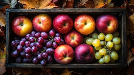Autumn harvest Apples, peaches, grapes in wooden crate