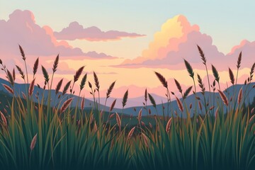 flat design of grasses in front of a pastel sky with minimal detail