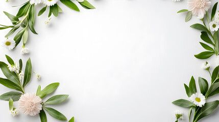 Floral arrangement with white daisies and soft pink flowers framing a blank space, ideal for invitations or greeting cards with copy space. Selective focus