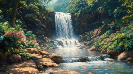 Lush jungle waterfall cascades into serene pool