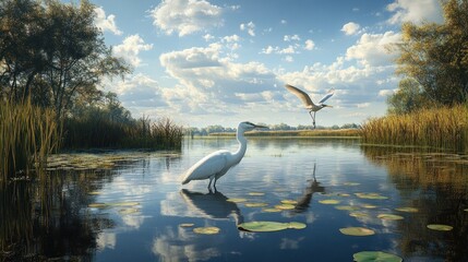 Heron wading, riverbank, bird flight, serene nature, idyllic scene