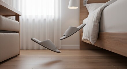 White slippers floating above wooden floor in modern bedroom  
