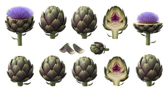 Artichoke:  Anatomy, Stages, & Texture; Transparent Background Images